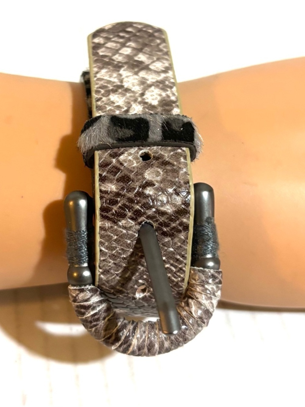 Gray Snake-Print Leather Wrap Bracelet with Gunmetal Accents